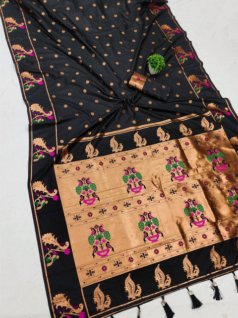 VastraLakshmi Magnetic Black Paithani Silk Saree With Moiety Blouse Piece