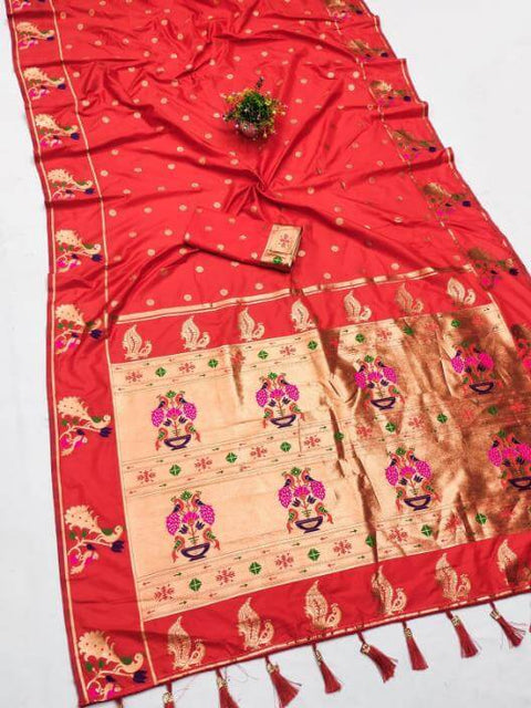 VastraLakshmi Rhapsody Red Paithani Silk Saree With Scintillating Blouse Piece