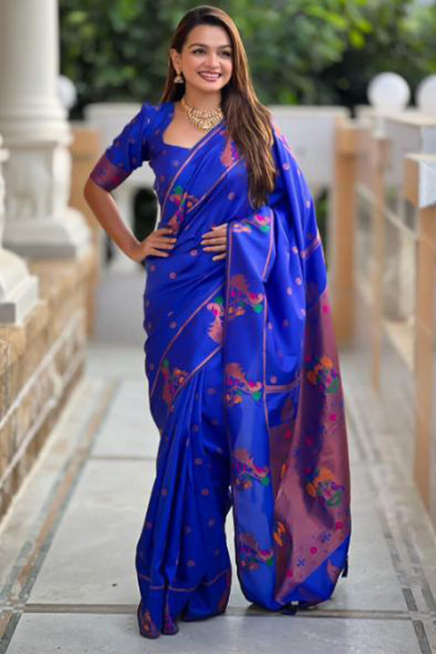 VastraLakshmi Prodigal Royal Blue Paithani Silk Saree With Amiable Blouse Piece