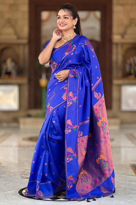 VastraLakshmi Prodigal Royal Blue Paithani Silk Saree With Amiable Blouse Piece