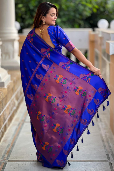 VastraLakshmi Prodigal Royal Blue Paithani Silk Saree With Amiable Blouse Piece