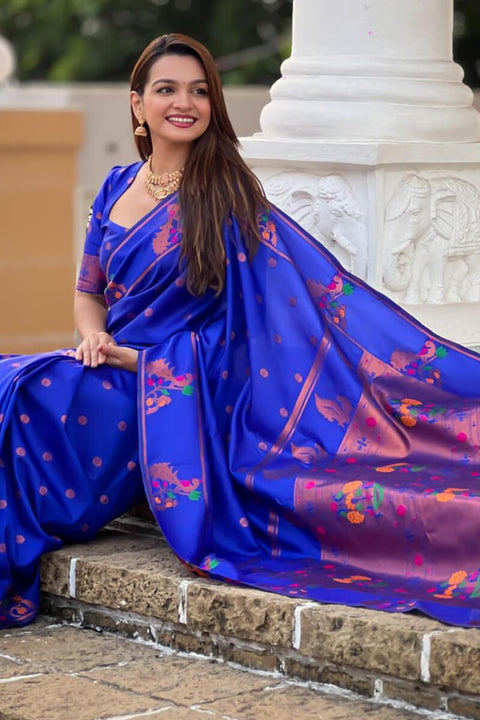 VastraLakshmi Prodigal Royal Blue Paithani Silk Saree With Amiable Blouse Piece