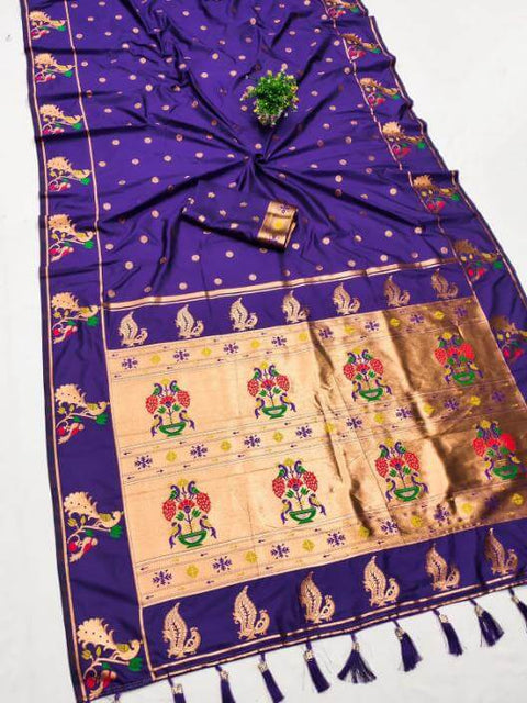 VastraLakshmi Vestigial Royal Purple Paithani Silk Saree With Nemesis Blouse Piece