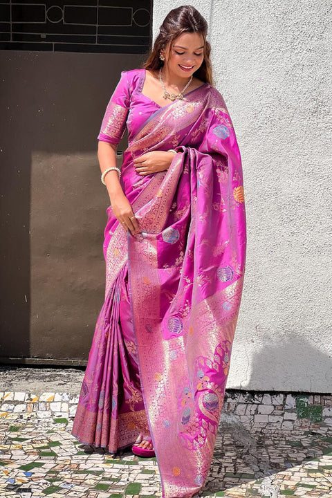 VastraLakshmi Enigmatic Purple Soft Banarasi Silk Saree With Quixotic Blouse Piece