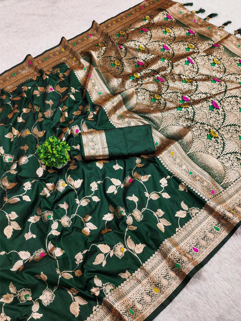 VastraLakshmi Glowing Dark Green Soft Banarasi Silk Saree With Radiant Blouse Piece