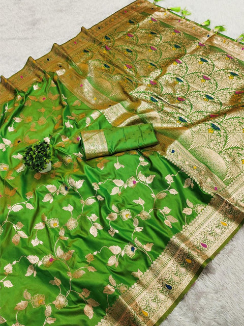 VastraLakshmi Angelic Mehndi Soft Banarasi Silk Saree With Chatoyant Blouse Piece