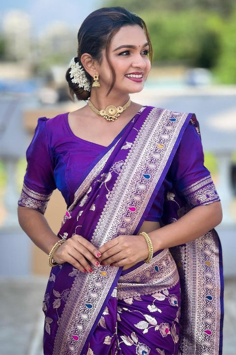 VastraLakshmi Piquant Royal Purple Soft Banarasi Silk Saree With Effulgent Blouse Piece