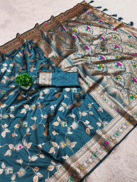 VastraLakshmi Ineffable Teal Blue Soft Banarasi Silk Saree With Zephyr Blouse Piece