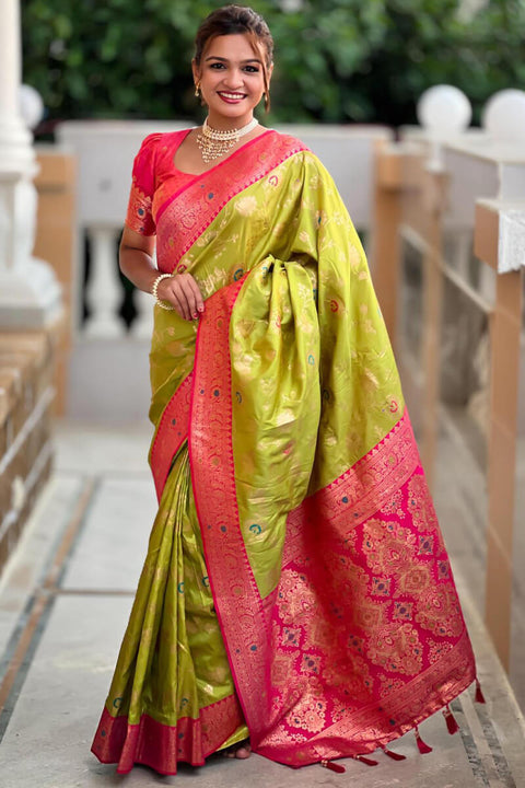 VastraLakshmi Improbable Mehndi Soft Banarasi Silk Saree With Resplendent Blouse Piece