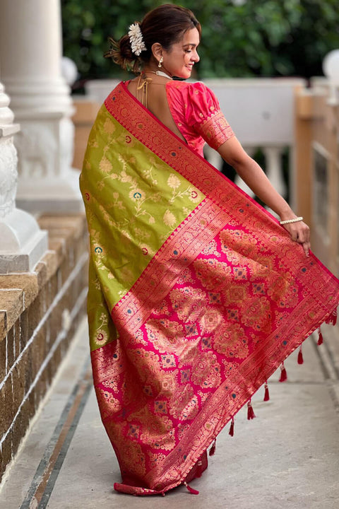 VastraLakshmi Improbable Mehndi Soft Banarasi Silk Saree With Resplendent Blouse Piece