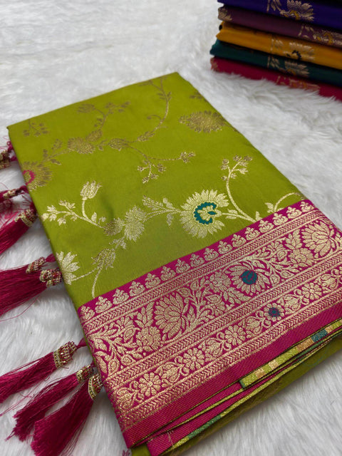 VastraLakshmi Improbable Mehndi Soft Banarasi Silk Saree With Resplendent Blouse Piece