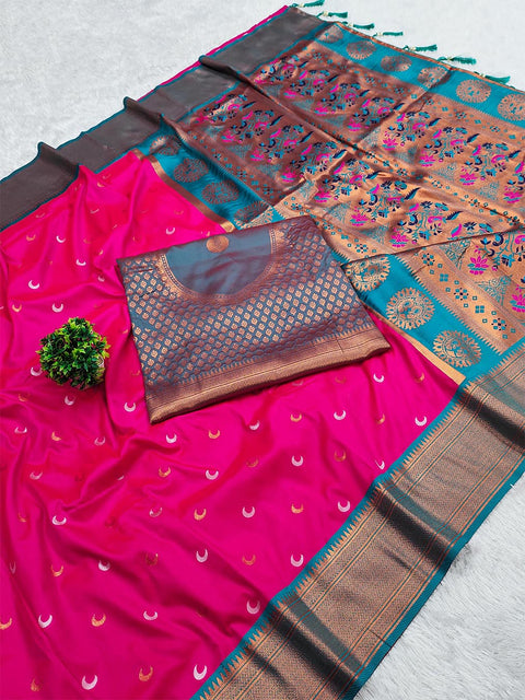 VastraLakshmi Classy Dark Pink Paithani Silk Saree With Skinny Blouse Piece