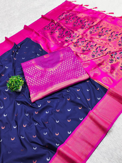 VastraLakshmi Mesmeric Navy Blue Paithani Silk Saree With Inspiring Blouse Piece