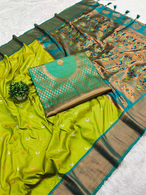 VastraLakshmi Exquisite Parrot Paithani Silk Saree With Ailurophile Blouse Piece