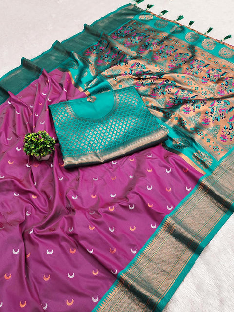 VastraLakshmi Efflorescence Purple Paithani Silk Saree With Lassitude Blouse Piece