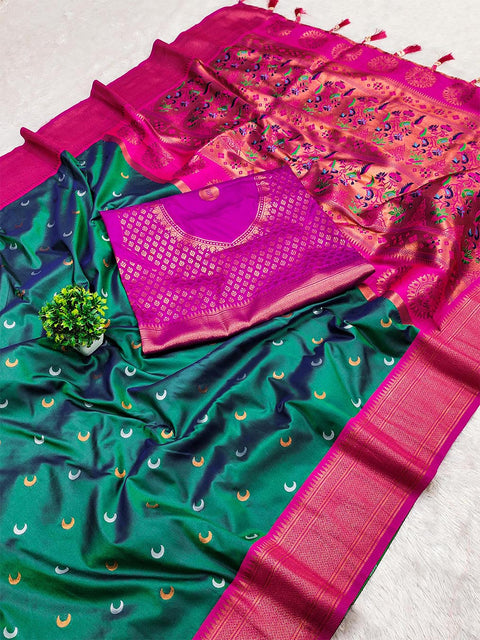 VastraLakshmi Panoply Rama Paithani Silk Saree With Magnetic Blouse Piece