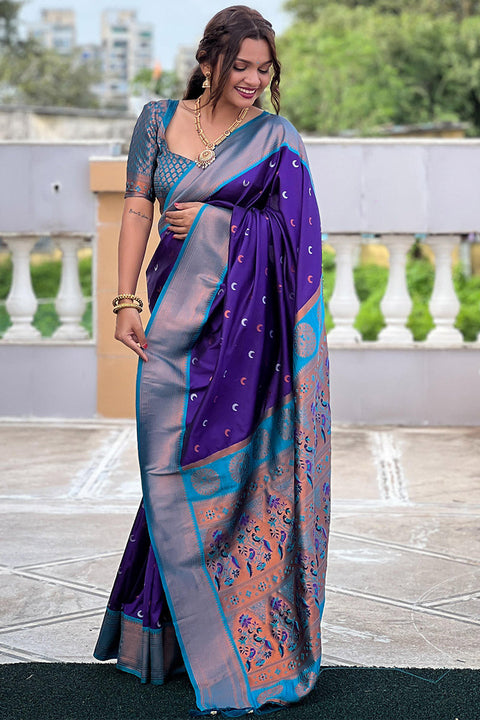 VastraLakshmi Scrumptious Royal Blue Paithani Silk Saree With Magnificat Blouse Piece