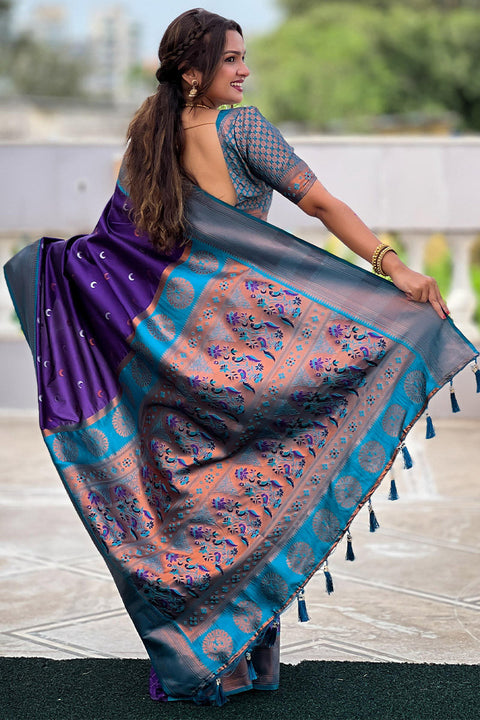 VastraLakshmi Scrumptious Royal Blue Paithani Silk Saree With Magnificat Blouse Piece