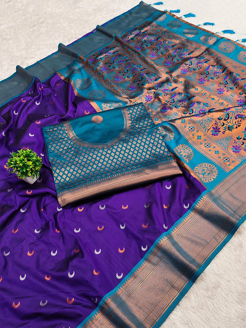 VastraLakshmi Scrumptious Royal Blue Paithani Silk Saree With Magnificat Blouse Piece