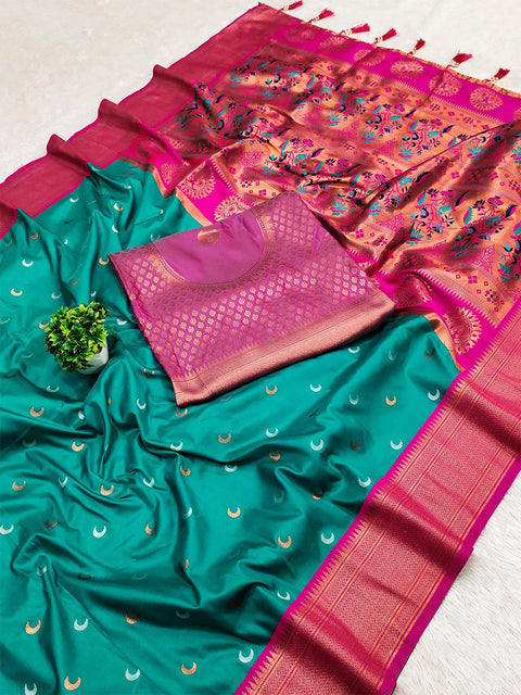 VastraLakshmi Resonant Sea Green Paithani Silk Saree With Ravishing Blouse Piece