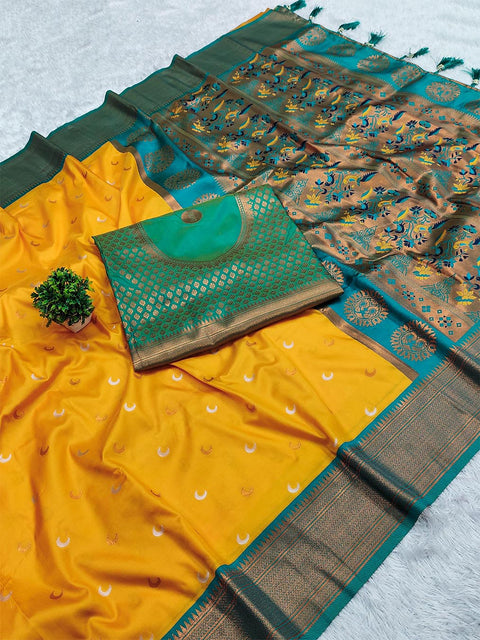 VastraLakshmi Cynosure Yellow Paithani Silk Saree With Tantalizing Blouse Piece