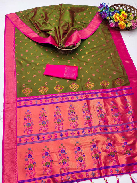 VastraLakshmi Symmetrical Mehndi Paithani Silk Saree With Elaborate Blouse Piece