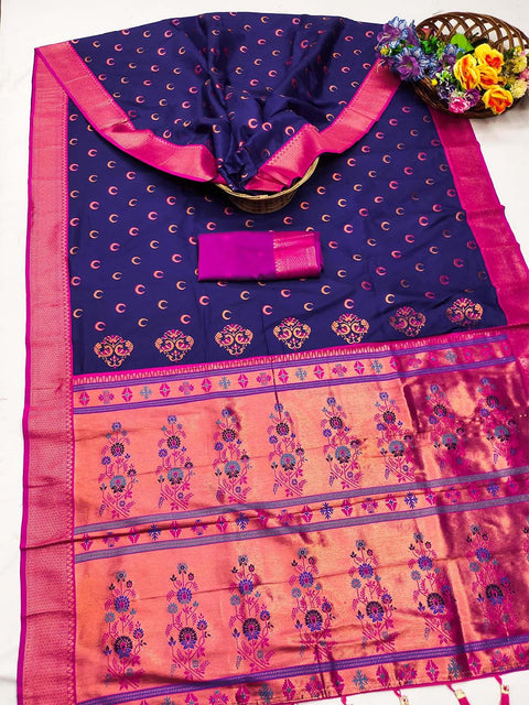 VastraLakshmi Charismatic Navy Blue Paithani Silk Saree With Vibrant Blouse Piece