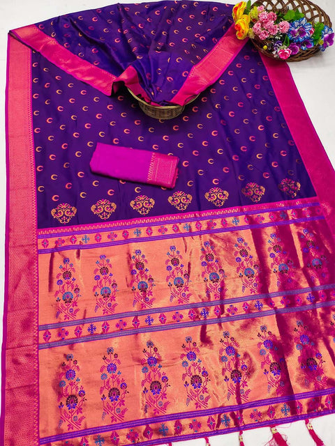 VastraLakshmi Dissemble Royal Purple Paithani Silk Saree With Assemblage Blouse Piece