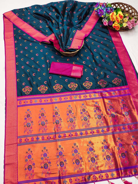 VastraLakshmi Blissful Teal Blue Paithani Silk Saree With Breathtaking Blouse Piece