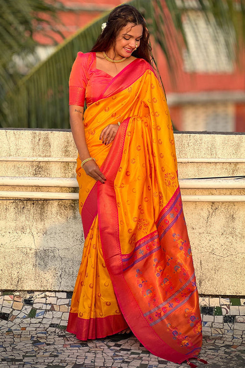 VastraLakshmi Intricate Yellow Paithani Silk Saree With Phenomenal Blouse Piece