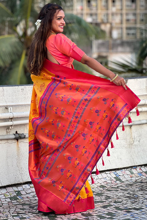 VastraLakshmi Intricate Yellow Paithani Silk Saree With Phenomenal Blouse Piece