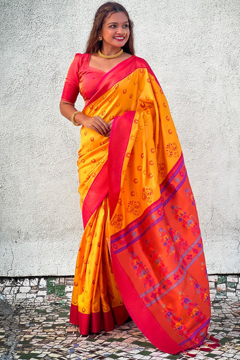 VastraLakshmi Intricate Yellow Paithani Silk Saree With Phenomenal Blouse Piece