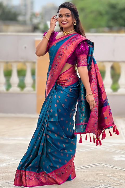 VastraLakshmi Glittering Firozi Paithani Silk Saree With Imaginative Blouse Piece