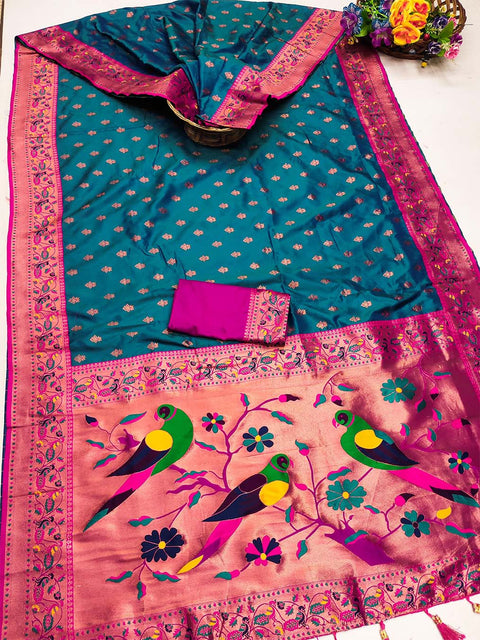 VastraLakshmi Glittering Firozi Paithani Silk Saree With Imaginative Blouse Piece