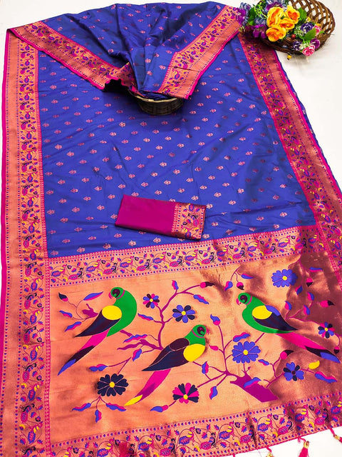 VastraLakshmi Forbearance Royal Blue Paithani Silk Saree With Chatoyant Blouse Piece