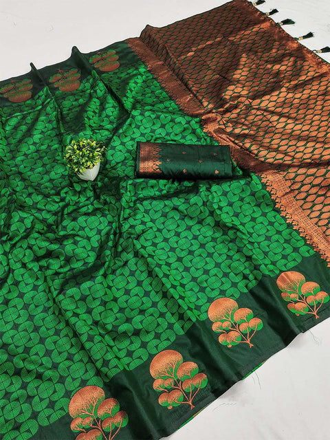 VastraLakshmi Exquisite Dark Green Soft Banarasi Silk Saree With Snappy Blouse Piece