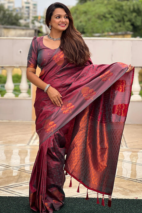 VastraLakshmi Vivacious Wine Soft Banarasi Silk Saree With Elaborate Blouse Piece