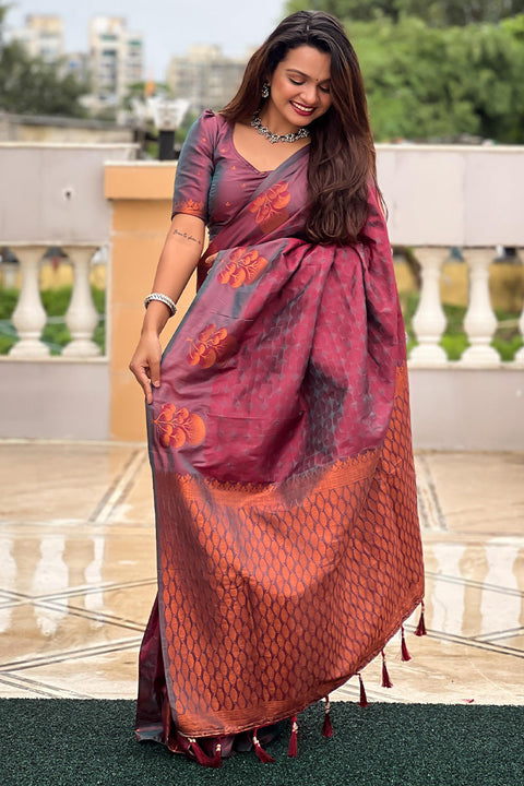 VastraLakshmi Vivacious Wine Soft Banarasi Silk Saree With Elaborate Blouse Piece