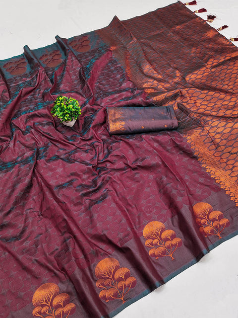 VastraLakshmi Vivacious Wine Soft Banarasi Silk Saree With Elaborate Blouse Piece