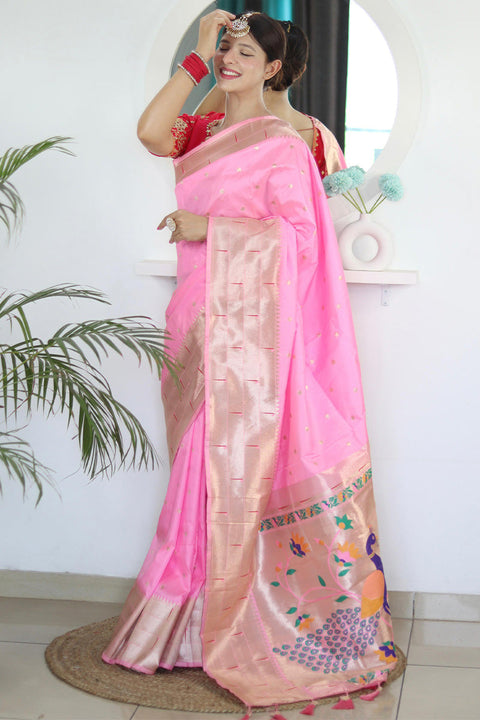 VastraLakshmi Gorgeous Baby Pink Paithani Silk Saree With Surpassing Blouse Piece