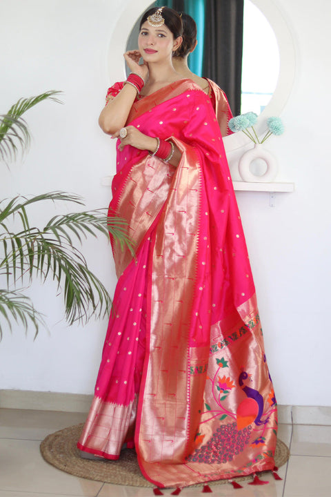 VastraLakshmi Invaluable Dark Pink Paithani Silk Saree With Blooming Blouse Piece