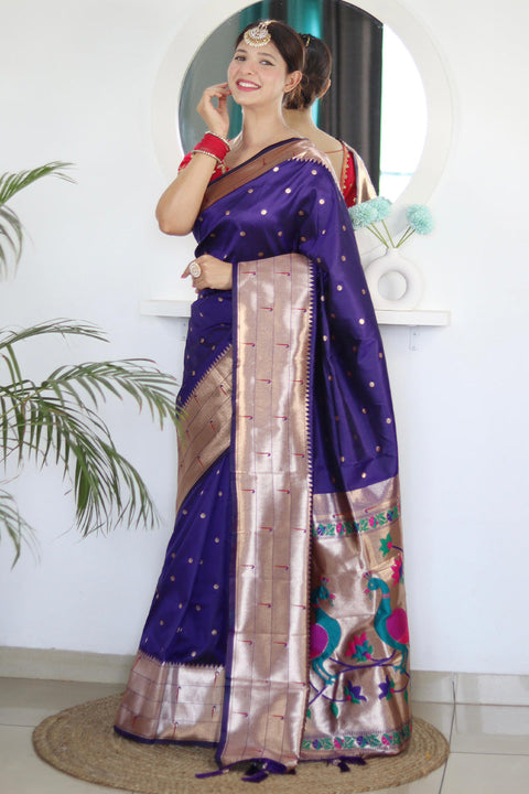 VastraLakshmi Pleasant Navy Blue Paithani Silk Saree With Ideal Blouse Piece