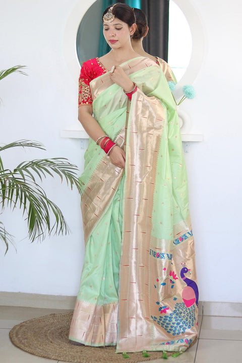 VastraLakshmi Denouement Pista Paithani Silk Saree With Incredible Blouse Piece