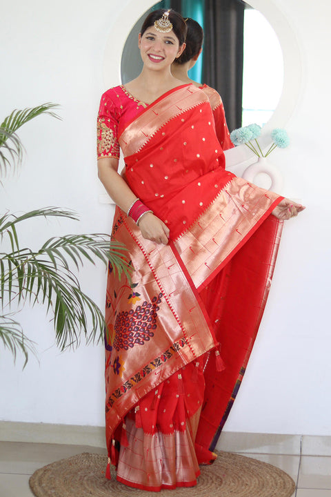 VastraLakshmi Fantabulous Red Paithani Silk Saree With Incomparable Blouse Piece