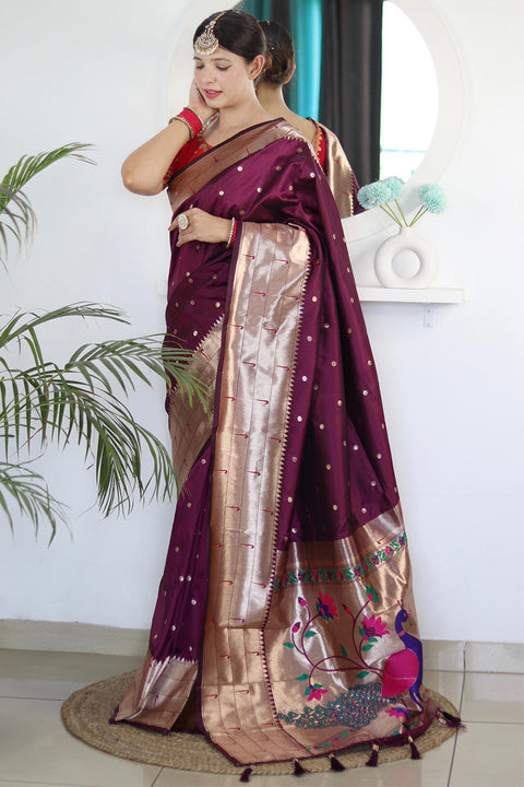 VastraLakshmi Exquisite Wine Paithani Silk Saree With Jubilant Blouse Piece