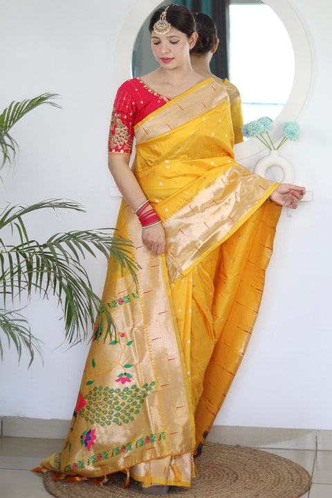 VastraLakshmi Pulsating Yellow Paithani Silk Saree With Resonant Blouse Piece