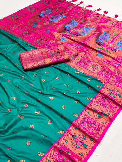 VastraLakshmi Serendipity Rama Paithani Silk Saree With Lissome Blouse Piece