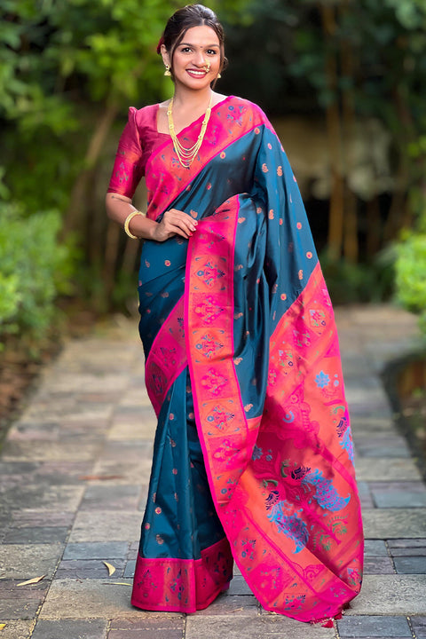 VastraLakshmi Ephemeral Teal Blue Paithani Silk Saree With Dalliance Blouse Piece