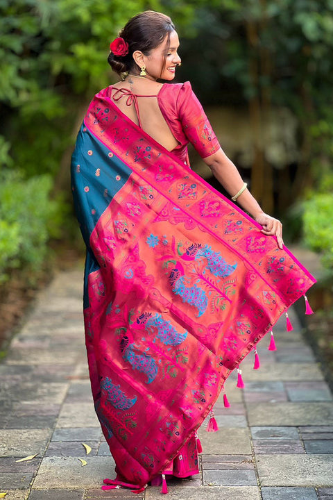 VastraLakshmi Ephemeral Teal Blue Paithani Silk Saree With Dalliance Blouse Piece