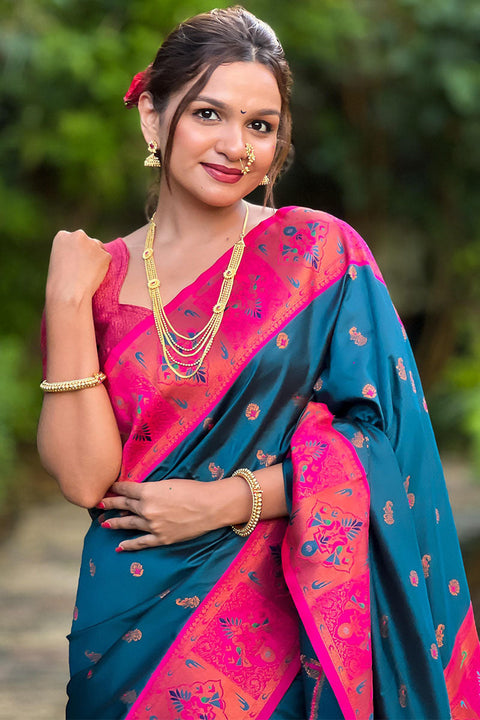 VastraLakshmi Ephemeral Teal Blue Paithani Silk Saree With Dalliance Blouse Piece